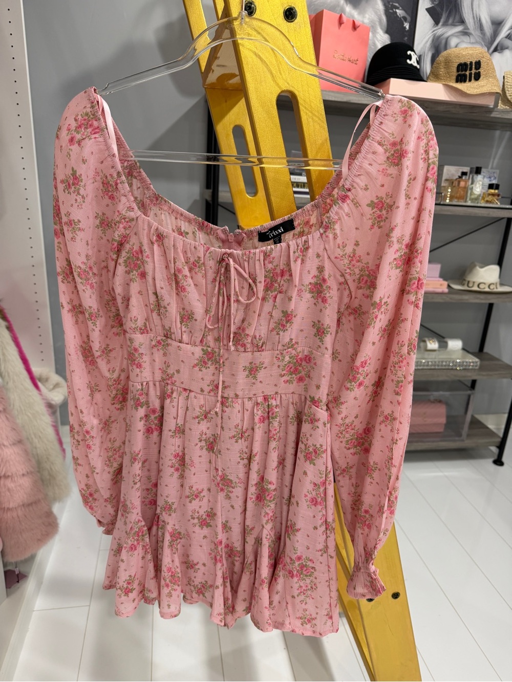 Trixxi Pink Floral Long Sleeve Empire Waist Peasant Dress